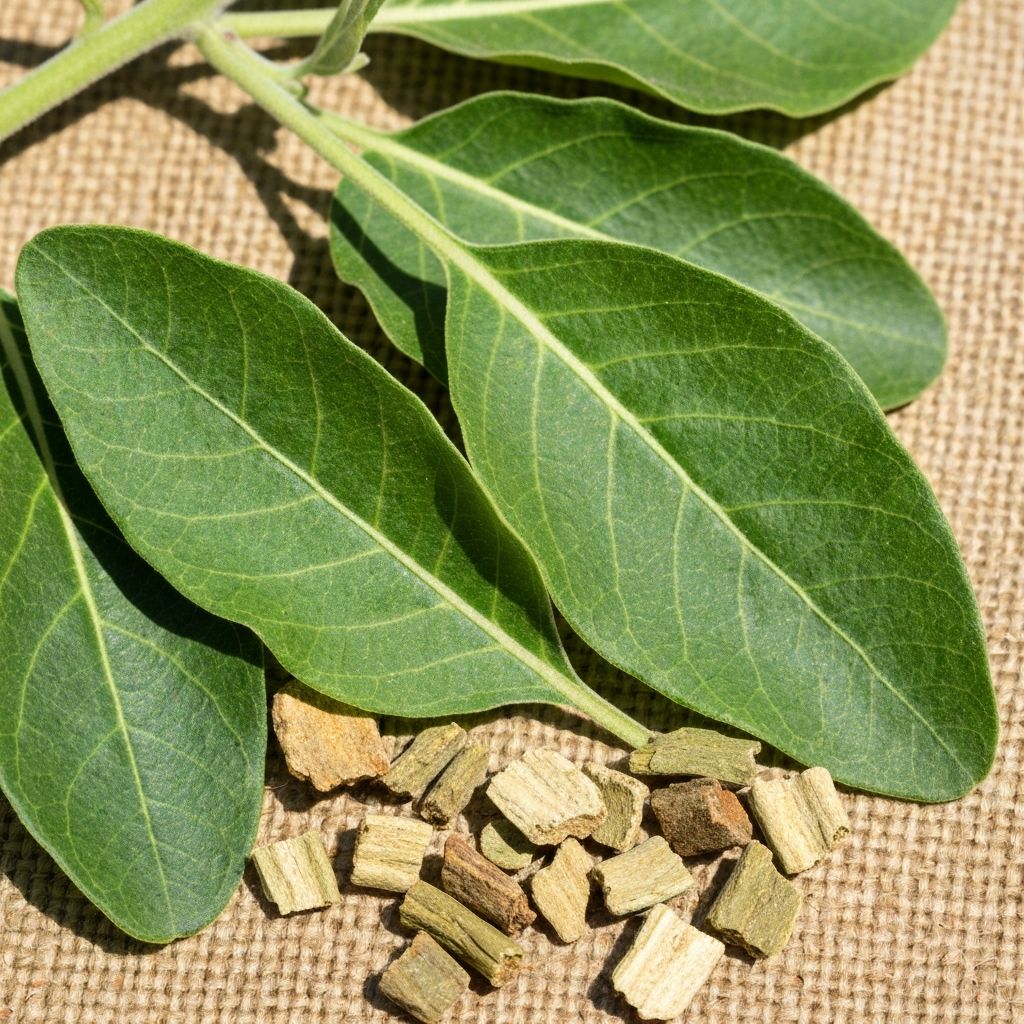 Ashwagandha plant leaves and dried herb